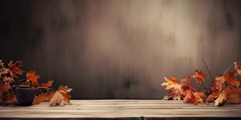 Fall-themed backdrop featuring wooden table adorned with dried leaves, ideal for showcasing products.