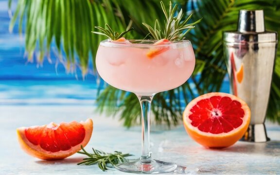 Pink grapefruit and rosemary gin cocktail served in prepared gin cocktail glass on a tropical beach bar