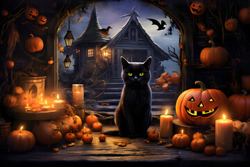 Halloween Witch's Hideout Experience the enchantment of Halloween with a fantasy black cat witch in a magical fairy cabin. Decorated with magical elements like pumpkins and Generative AI,