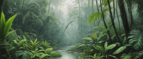 Fototapeten Rainforest, ecology, nature, bio-diversity background. Water color drawing of tropical rain forest. Extra wide format, hand edited generative ai based.  © Martina