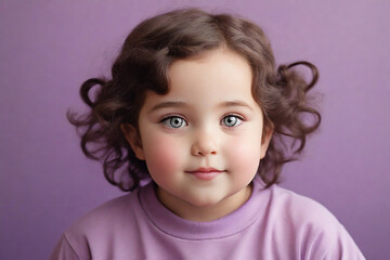 Naklejka premium Portrait of a little girl with curly hair on a purple background