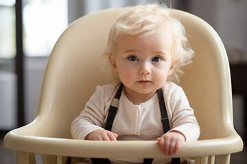 Portrait of cute baby girl sitting in high chair and looking at camera