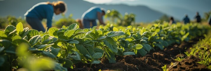 Workers tending to lush green crops in the golden light of dawn