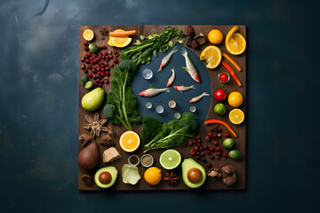 Healthy New Year Feast An artistic display of New Year 2024 with a focus on vegetables, fruits, and fish. Conveys the concept of a healthy New Year feast and trends.   Generative AI,