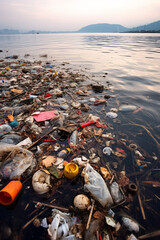 Dusk falls on a shoreline heavily littered with plastic waste, highlighting the environmental crisis on water bodies.