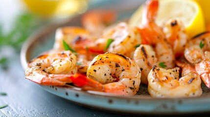 Grilled shrimps with spices are an irresistible delicacy. Grilled shrimp in a harmonious combination of flavors and succulent texture with intense notes. - obrazy, fototapety, plakaty