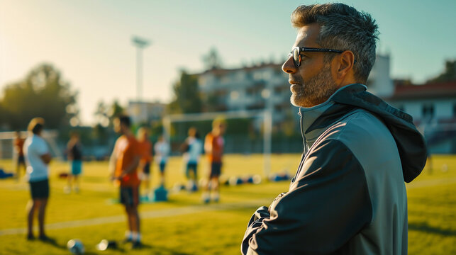 Sports Coach, A coach on a sports field or court, strategizing with athletes, with sports equipment and an active training session in the background