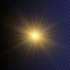 Glow bright light star, yellow sun rays, bokeh.