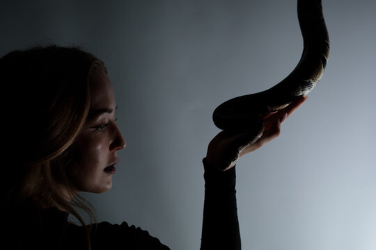 python snake plays with a young blond woman