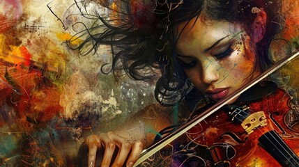 Beautiful girl playing the violin on a colorful background