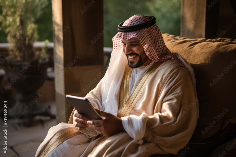 Poster man sitting on couch using tablet computer. can be used for technology, leisure, or work-related the
