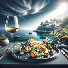 A fried fish on a plate and a glass of white wine against the backdrop of the southern sea and blue sky. meal on the Mediterranean coast