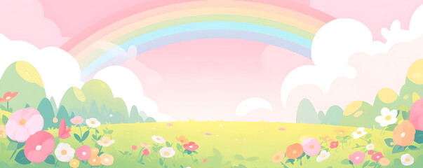 Spring meadow with flowers. Children's book illustration with a rainbow over a blooming flowers field. Panoramic flat banner with summer nature landscape with copy space. Concept design for kids room.