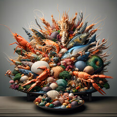 Delicious seafood cinematic, food 
professional photography.bouquet of seafood illustration of marine riches of the Mediterranean and southern seas. Foodie still life 