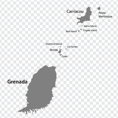 Blank map Grenada in gray. Every Island map is with titles. High quality map of  Grenada on transparent background for your web site design, logo, app, UI. EPS10.