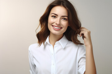 Obraz premium Woman wearing white shirt poses for picture. Suitable for various uses