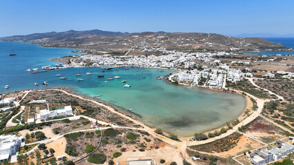 Aerial drone photo of famous picturesque port and main village or hora of Antiparos island, Cyclades, Greece