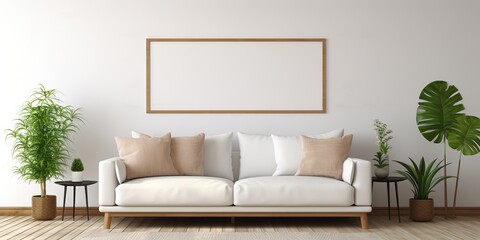 Blank horizontal poster frame mock up in minimal Scandinavian white style living room interior, modern living room interior background, white and gold - obrazy, fototapety, plakaty