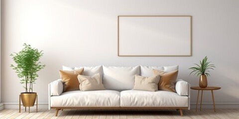Blank horizontal poster frame mock up in minimal Scandinavian white style living room interior,...