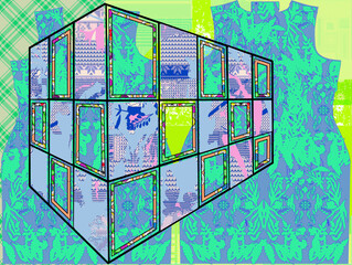 Ilustración de figura geométrica rectangular en perspectiva con profundidad de campo y ventanales decorados con colores llamativos. Sobre fondo abstracto 