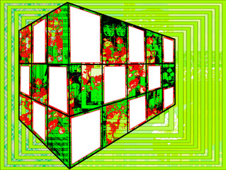 figura geométrica rectangular en perspectiva con profundidad de campo y ventanales con salpicaduras en tonos verdosos  - obrazy, fototapety, plakaty