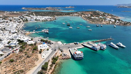 Aerial drone photo of famous picturesque port and main village or hora of Antiparos island, Cyclades, Greece