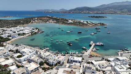Aerial drone photo of famous picturesque port and main village or hora of Antiparos island,...
