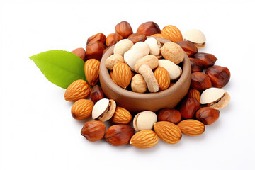 Wooden bowl filled with variety of nuts and leaves. This image can be used to showcase natural ingredients or as background for fall-themed designs