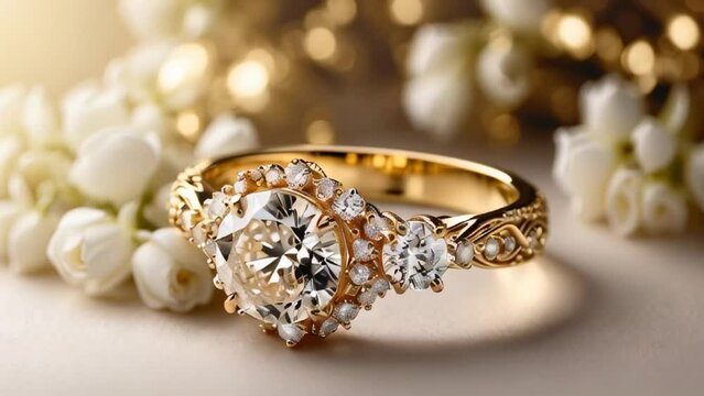 Beautiful gold ring with diamond, flowers luxury

