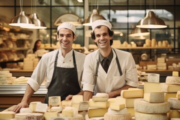 Cheerful cheesemongers presenting selection in deli