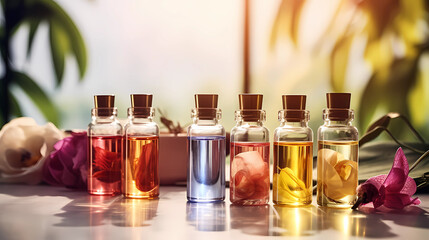 Essential massage oil in bottles