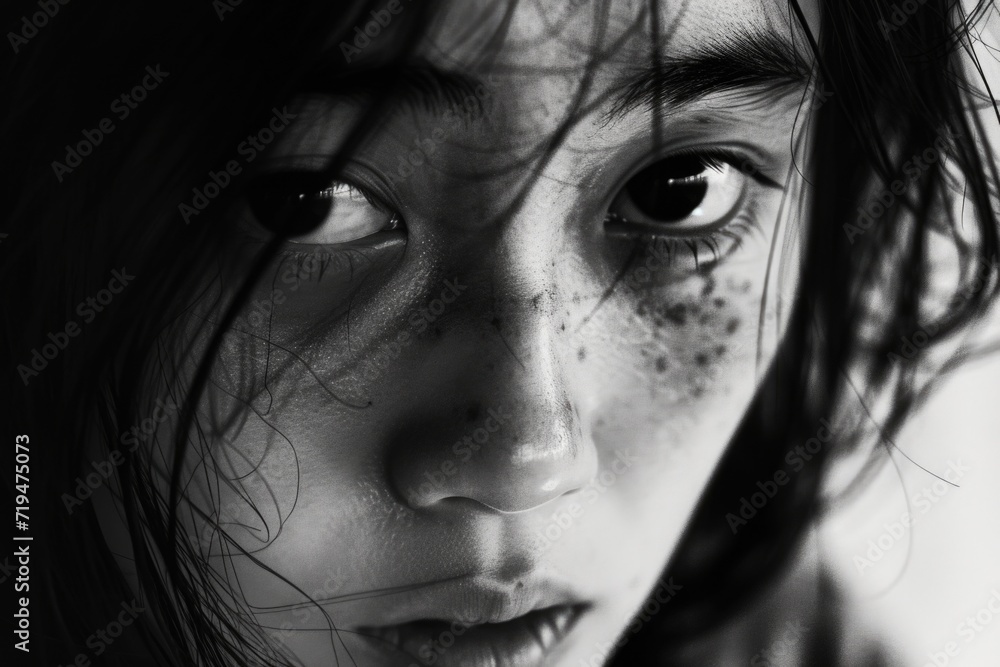 Poster a black and white photo of a girl with freckles on her face. this versatile image can be used in var