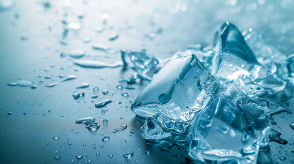 Crystal clear ice cubes shattered melting on surface with water droplets, symbolizing 'breaking the ice' in social settings.