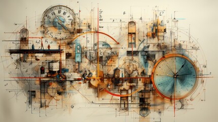 Fototapeta na wymiar Clock Drawing with Artistic Lines