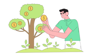 Investment illustration. Сcharacter investing money in self development, knowledge and education. Personal finance management and financial literacy concept. People plant money tree with coins.