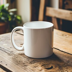 a plain white coffee mug on a wooden table mockup