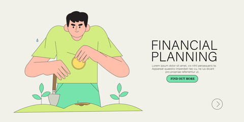 Investment illustration. Сcharacter investing money in self development, knowledge and education. Personal finance management and financial literacy concept. People plant money tree with coins.