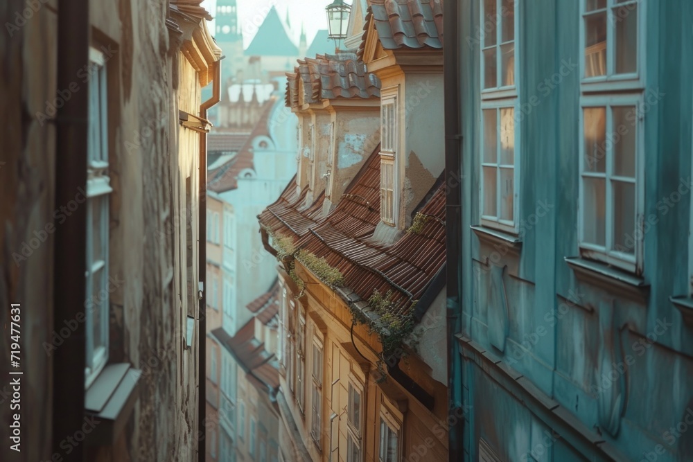 Poster a picture of a narrow alley with a clock tower in the distance. this image can be used to depict a c