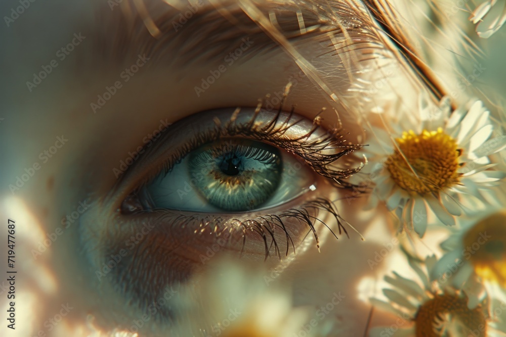 Poster A close up of a person's eye with flowers in the background. Can be used for various concepts and themes