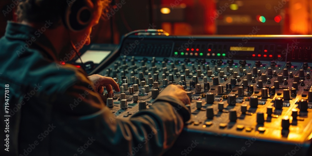 Poster a man wearing headphones is working on a sound mixer. this image can be used to depict a professiona