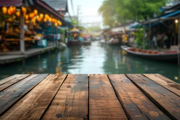 Schilderijen op glas Empty Plank Floor with Blurry Traditional Floating Market Background © ITrWorks