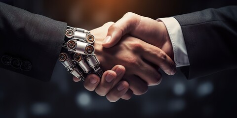 Business handshake between robot and human partners or friends,