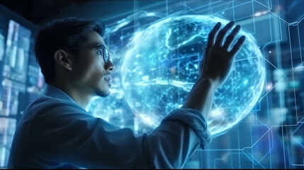 Asian man using hologram working in office.