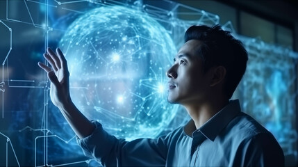 Asian man using hologram working in office.