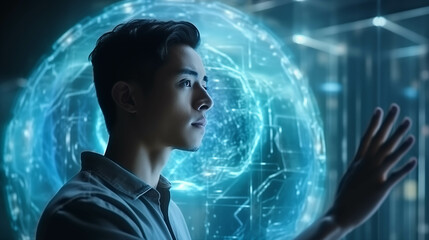 Asian man using hologram working in office.