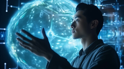 Asian man using hologram working in office.