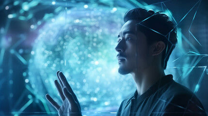 Asian man using hologram working in office.