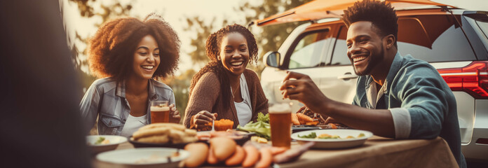 African family eating together at a tent in the forest.