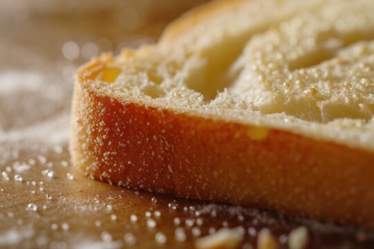 A close-up view of a piece of bread on a table. Can be used to showcase food photography or as a background image for recipes and cooking blogs