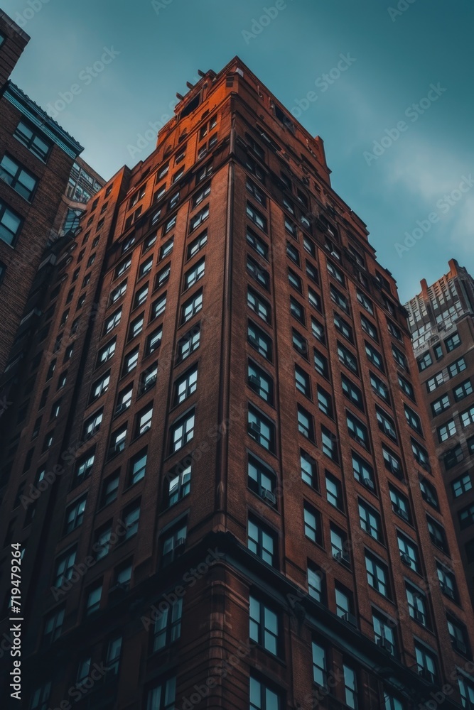 Poster a photo of a tall building with numerous windows in a bustling city. suitable for architecture, urba